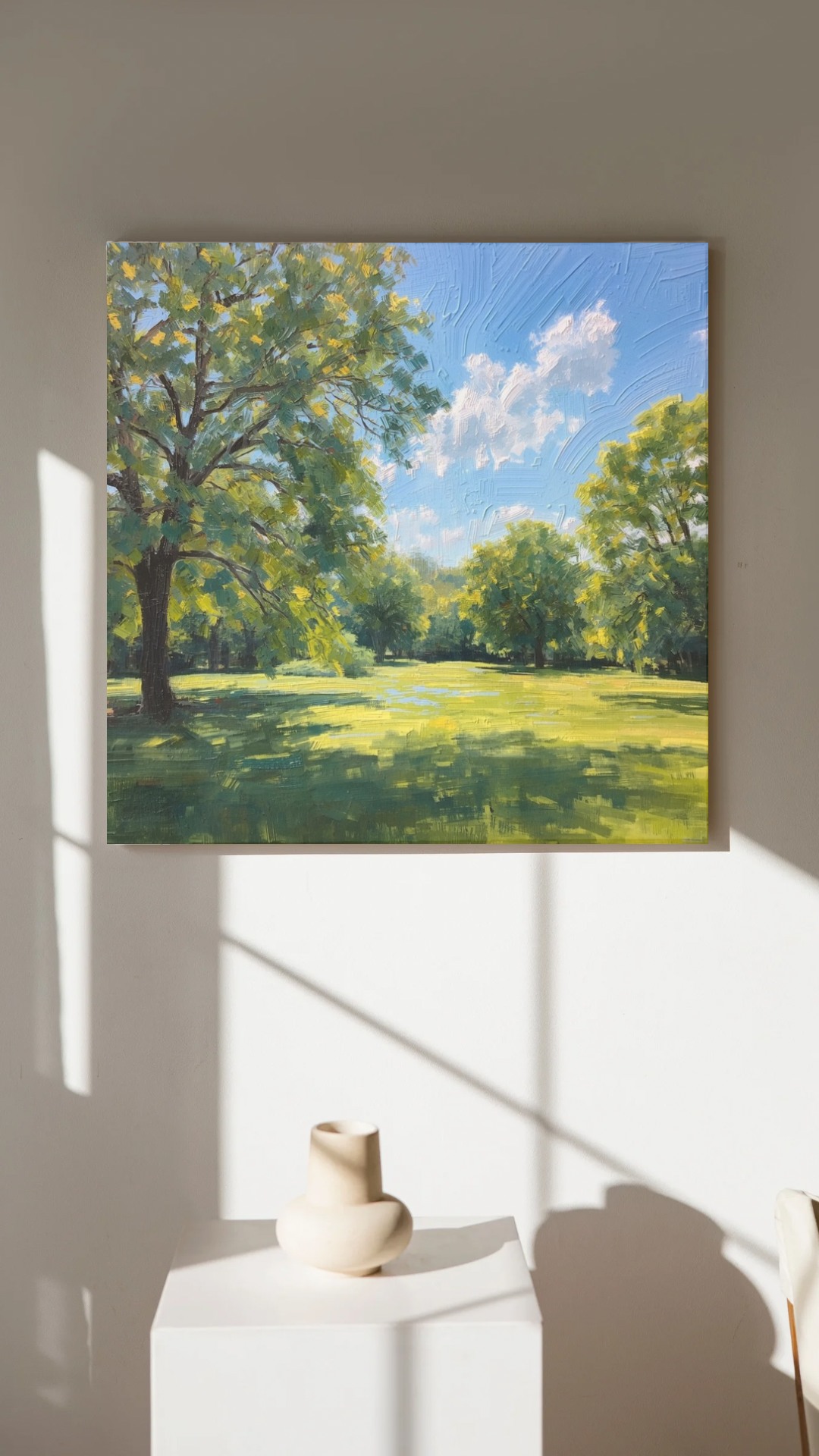 Zwolle stadspark canvas schilderij gezien vanuit raamopening met weelderige groene bomen en zonnig gazon — tijdloze wanddecoratie
