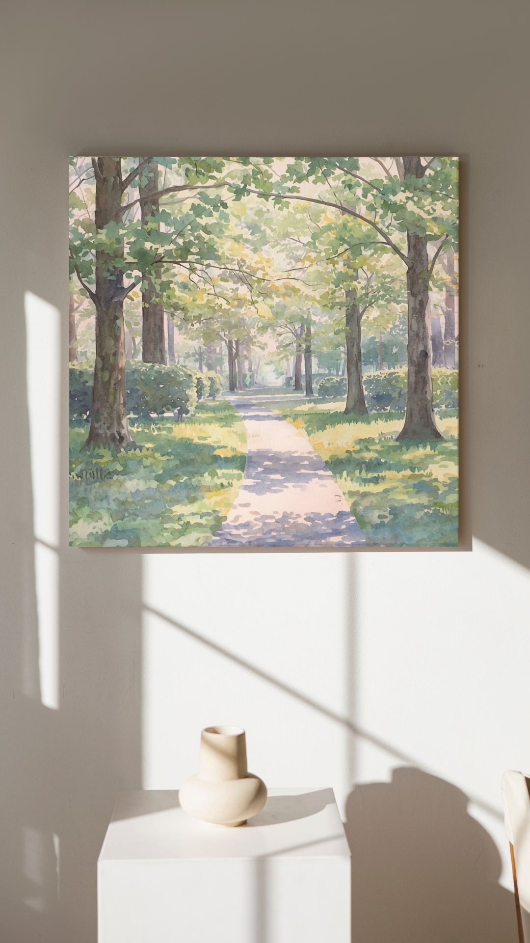 Zwolle natuur canvas schilderij in houten lijst op witte muur in minimalistische hal — premium stadspark print
