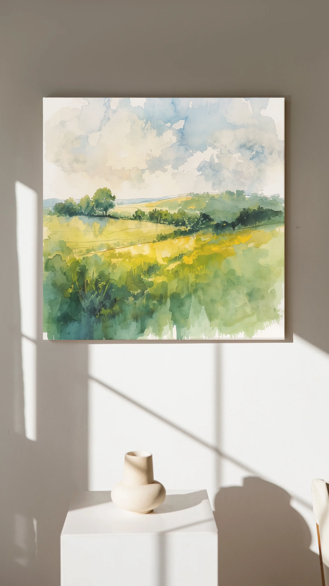 Zwolle landschap canvas schilderij met groene weilanden en wolkenlucht aan beige muur in lichte moderne woonruimte — aquarel wanddecoratie
