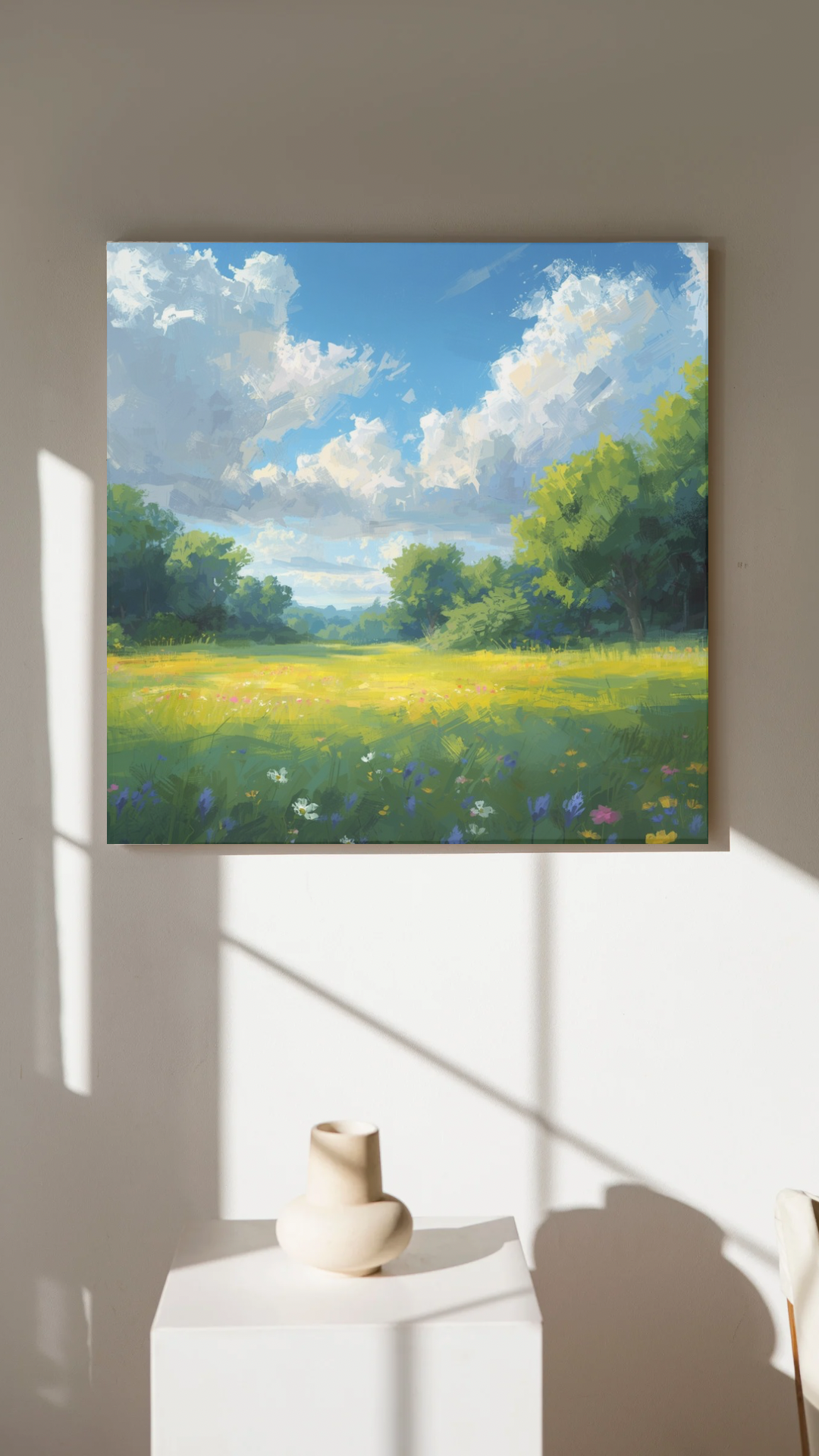 Zwolle weiland canvas schilderij met wilde bloemen en blauwe lucht aan witte muur in lichte moderne woonruimte — premium wanddecoratie

