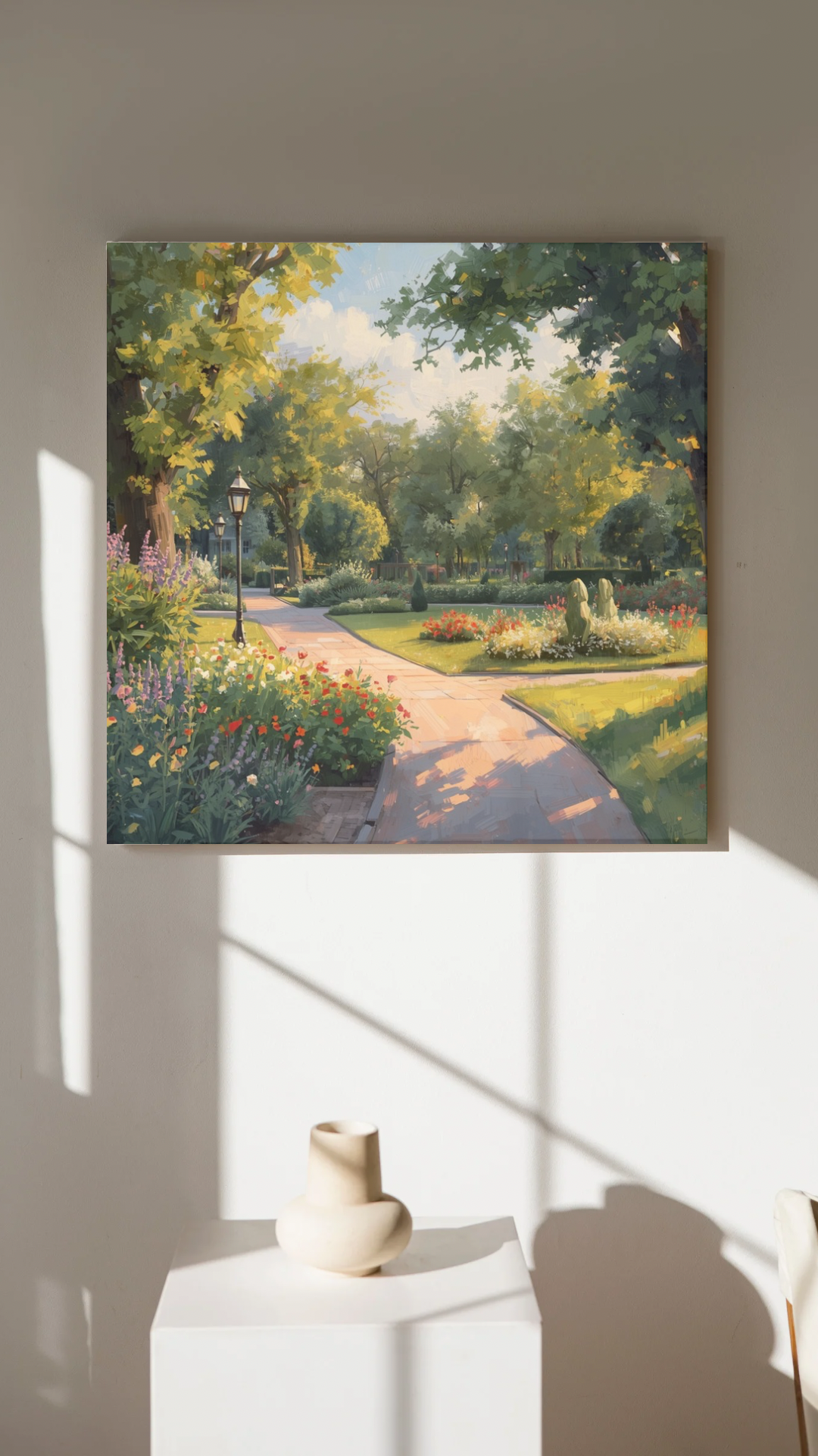 Zwolle parkpad canvas schilderij met bloemen, lantaarns en weelderige bomen aan witte muur in lichte moderne woonruimte — premium wanddecoratie
