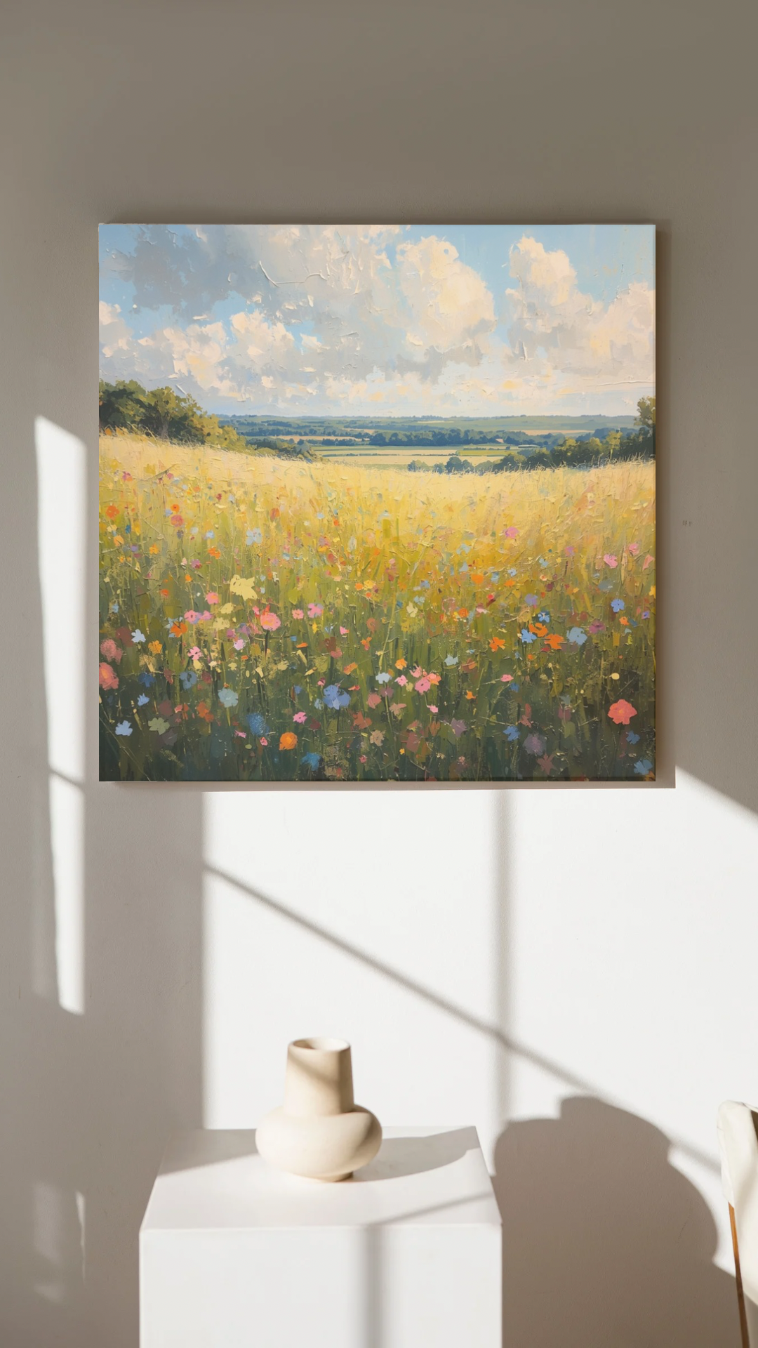 Zwolle bloemenveld canvas schilderij met wilde roze en rode bloemen aan witte muur in lichte moderne woonruimte — premium wanddecoratie
