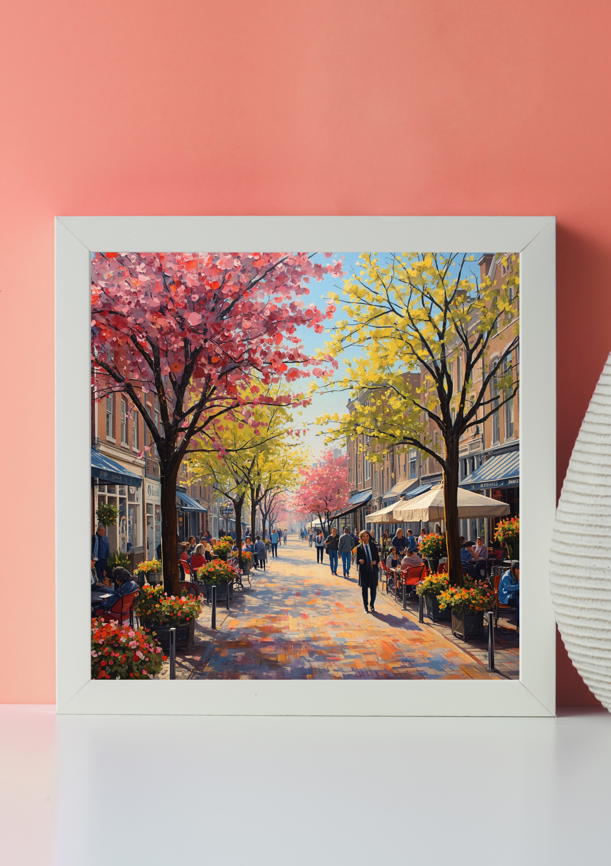 Groningen lenteboulevard canvas schilderij met roze bloesembomen en bloemenstalletjes in wit frame op roze muur in moderne woonruimte — premium wanddecoratie
