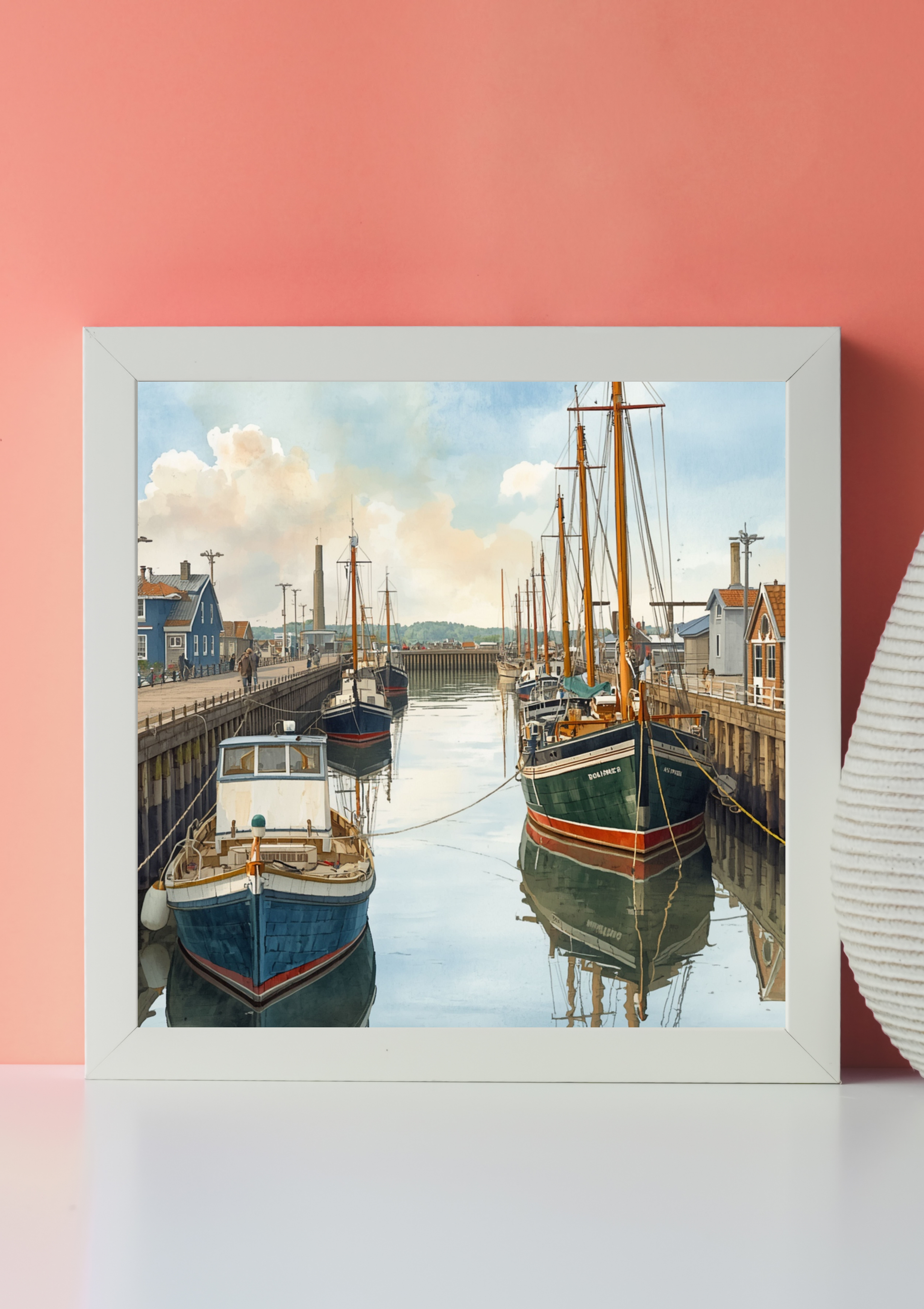 Boot canvas schilderij met klassieke vissersschepen en hoge masten in haven in wit frame op roze muur in moderne woonruimte — premium wanddecoratie
