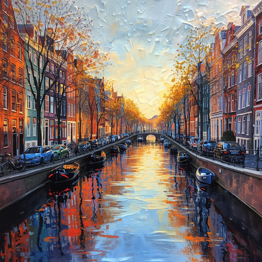 Canvas print of Amsterdam canal houses, colorful wall art