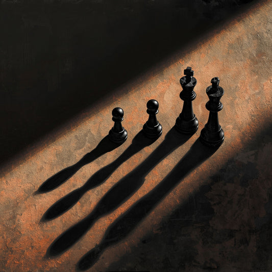 Schaakstukken schilderij met vier zwarte schaakstukken oplopend van pion tot koning en koningin met dramatische lange donkere schaduwen op warm koperbruin en zwart verlicht oppervlak met diagonale lichtstraal – cinematisch olieverf wall art print
