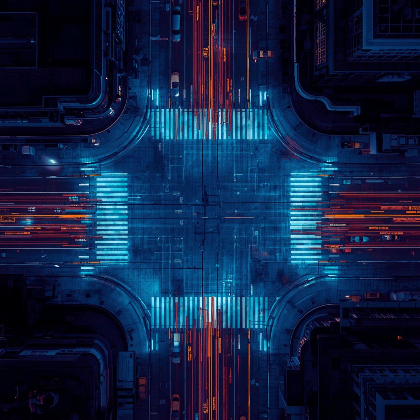 Cyberpunk kruispunt schilderij met cinematisch digitaal bovenaanzicht van futuristisch stadskruispunt met gloeiende neon cyaan zebrapaden rode en oranje lichtsporen en complexe donkere infrastructuurlijnen op diepe nachtblauwe achtergrond – digitaal wall art print
