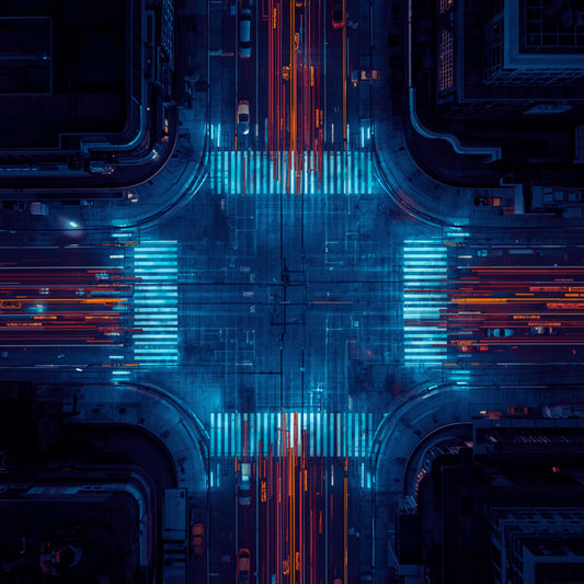 Cyberpunk kruispunt schilderij met cinematisch digitaal bovenaanzicht van futuristisch stadskruispunt met gloeiende neon cyaan zebrapaden rode en oranje lichtsporen en complexe donkere infrastructuurlijnen op diepe nachtblauwe achtergrond – digitaal wall art print
