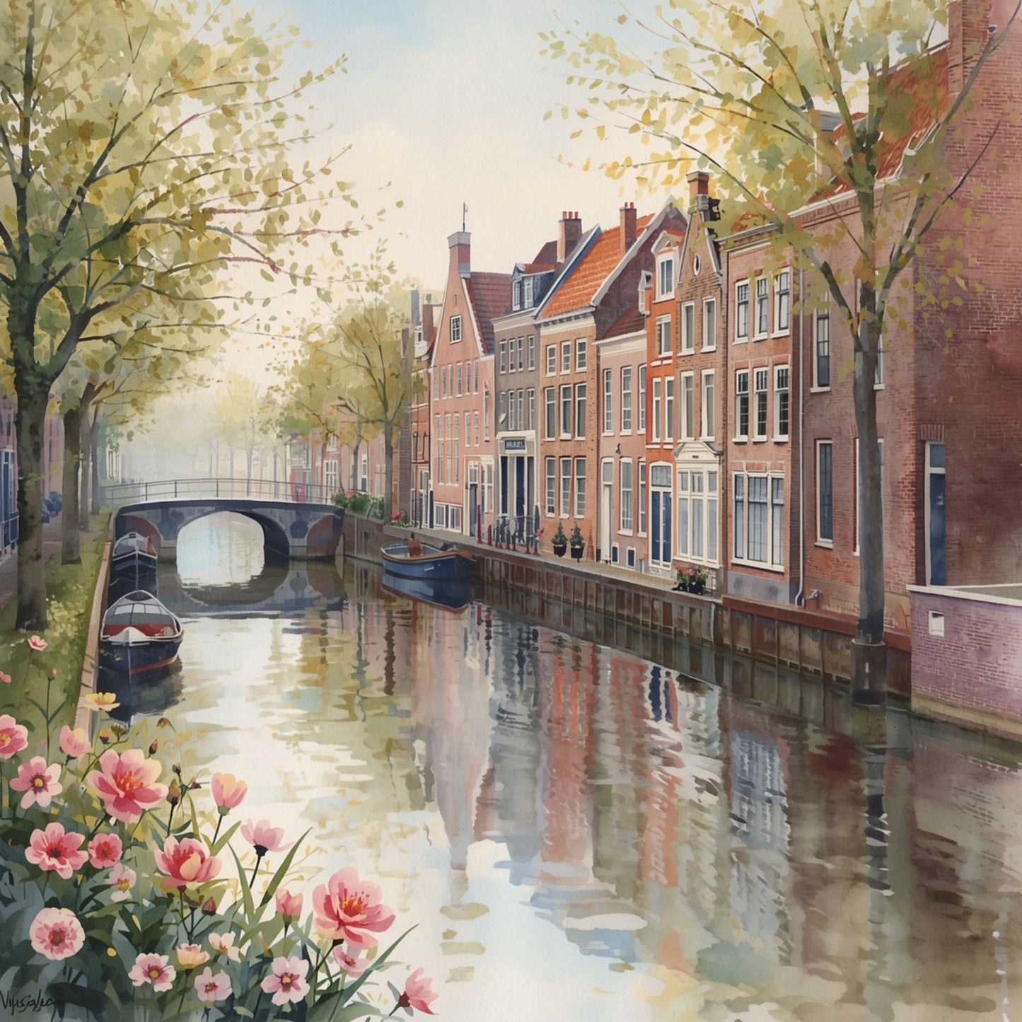 Aquarel schilderij van Alkmaarder gracht in de lente met roze bloesembomen, historische gevels weerspiegeld in rustig water en stenen brug – wall art print
