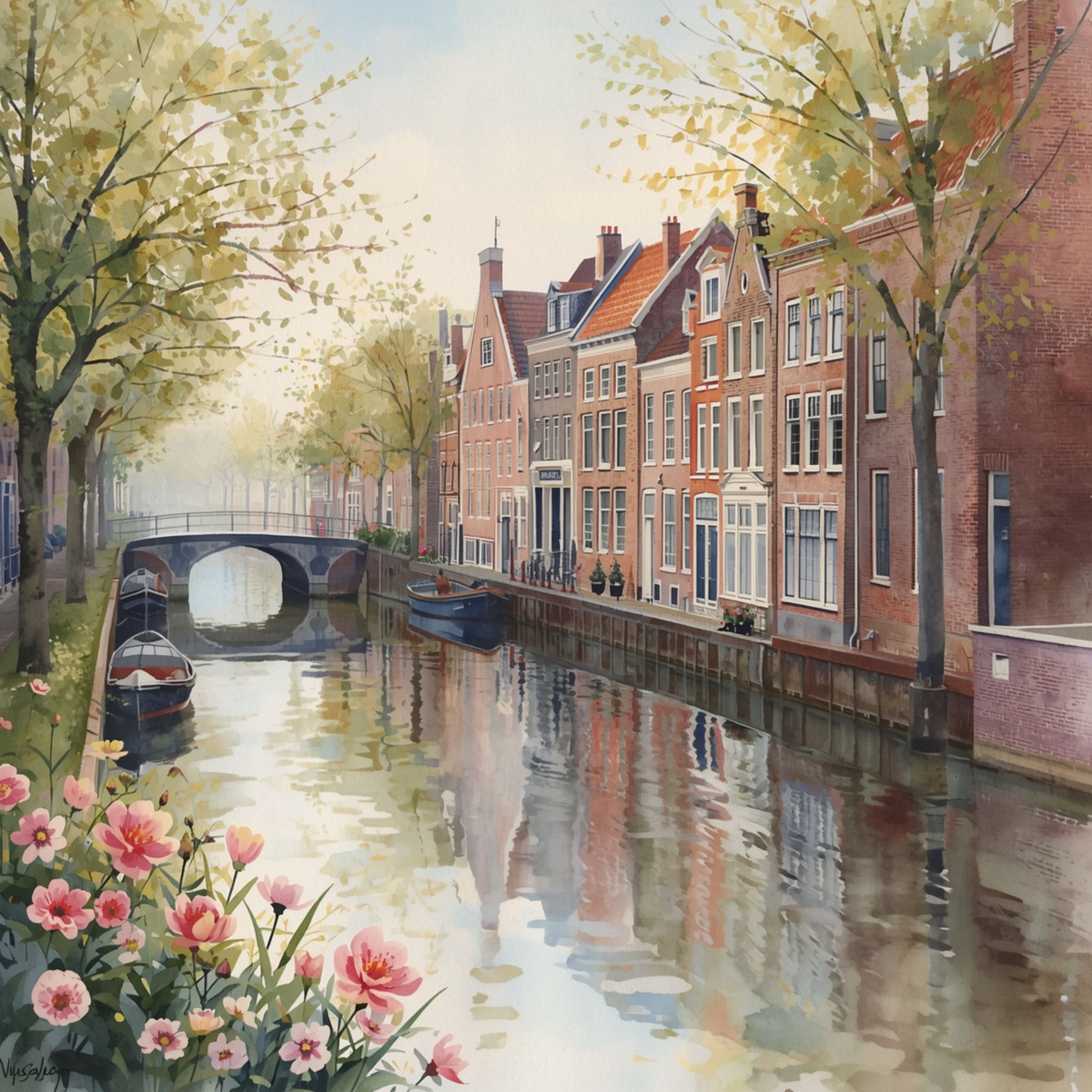 Aquarel schilderij van Alkmaarder gracht in de lente met roze bloesembomen, historische gevels weerspiegeld in rustig water en stenen brug – wall art print
