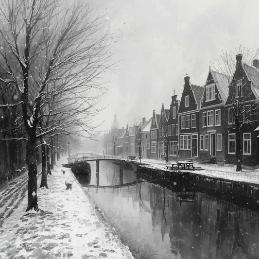 Zwart-wit schilderij van bevroren Alkmaarder gracht in de sneeuw met historische gevels, kale bomen en zachte dwarrelende sneeuwvlokken – stille wintersfeer wall art print
