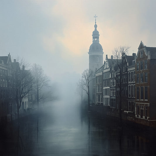 Dramatisch schilderij van mistige Nederlandse gracht bij schemering met donkere historische gevels, kerktoren, kale bomen en stille waterreflecties in blauwe winternacht – woonkamer schilderij
