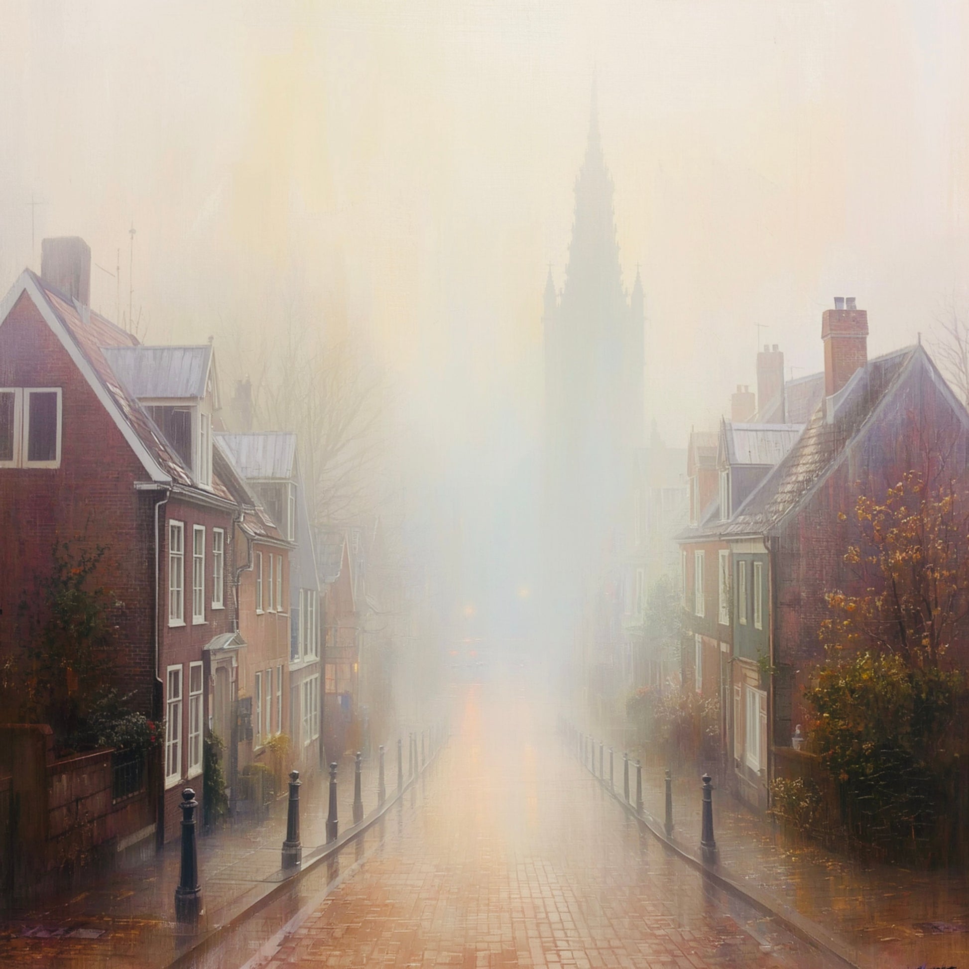 Sfeervol schilderij van mistige Nederlandse straat met historische gevels, lantaarnpalen en zachte beige mist die de kerktoren op de achtergrond omhult – woonkamer schilderij
