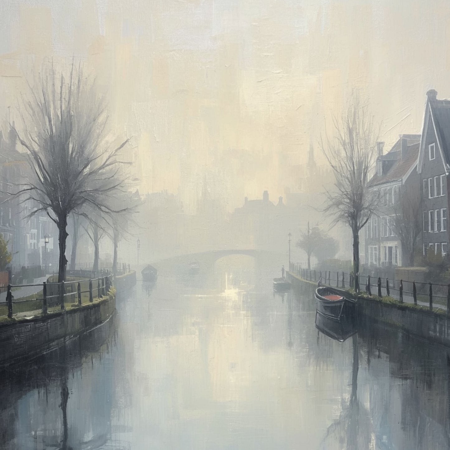 Sfeervol schilderij van mistige gracht met kale winterbomen, stille woonboten en zachte grijze waterreflecties in dromerige minimalistische stijl – wall art print
