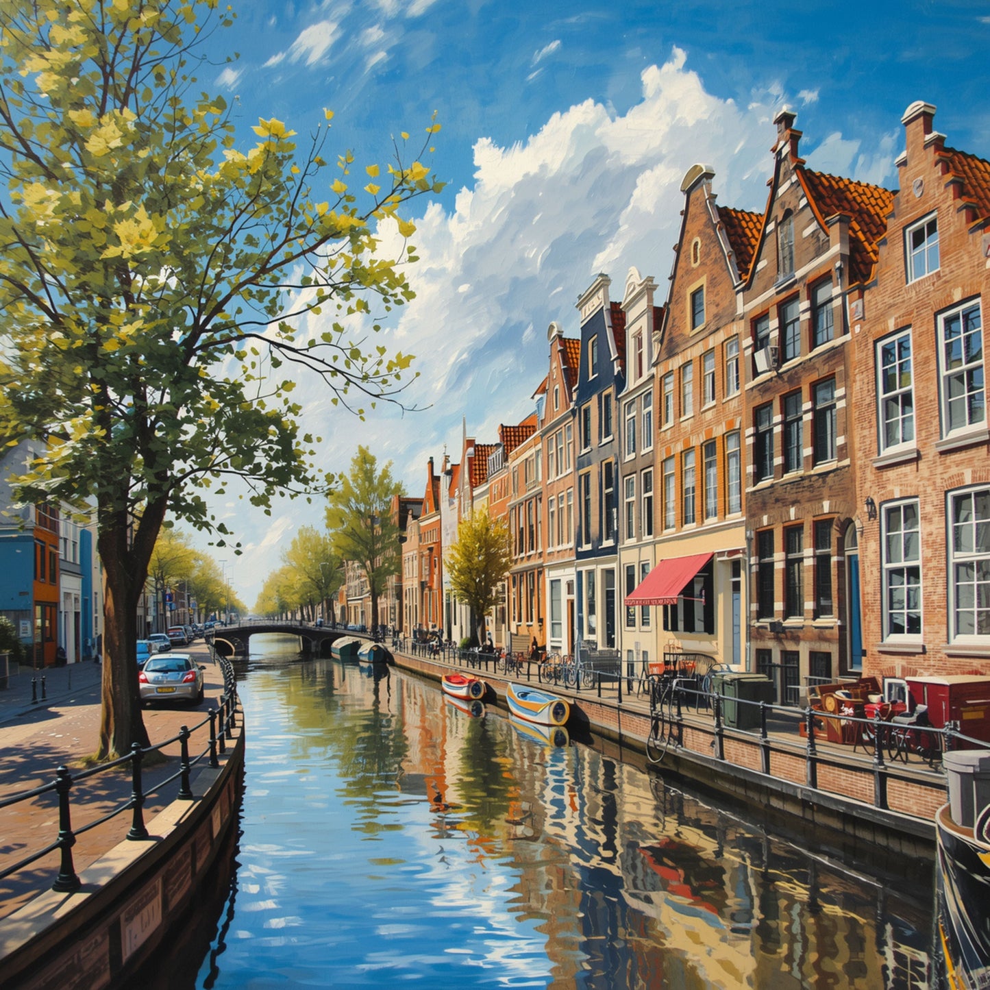 Impressionistisch schilderij van zonnige Delftse gracht met rode en oranje gevels, weelderige groene bomen, terrasjes, stenen brug en blauwe waterreflecties op zomerse dag – wall art print
