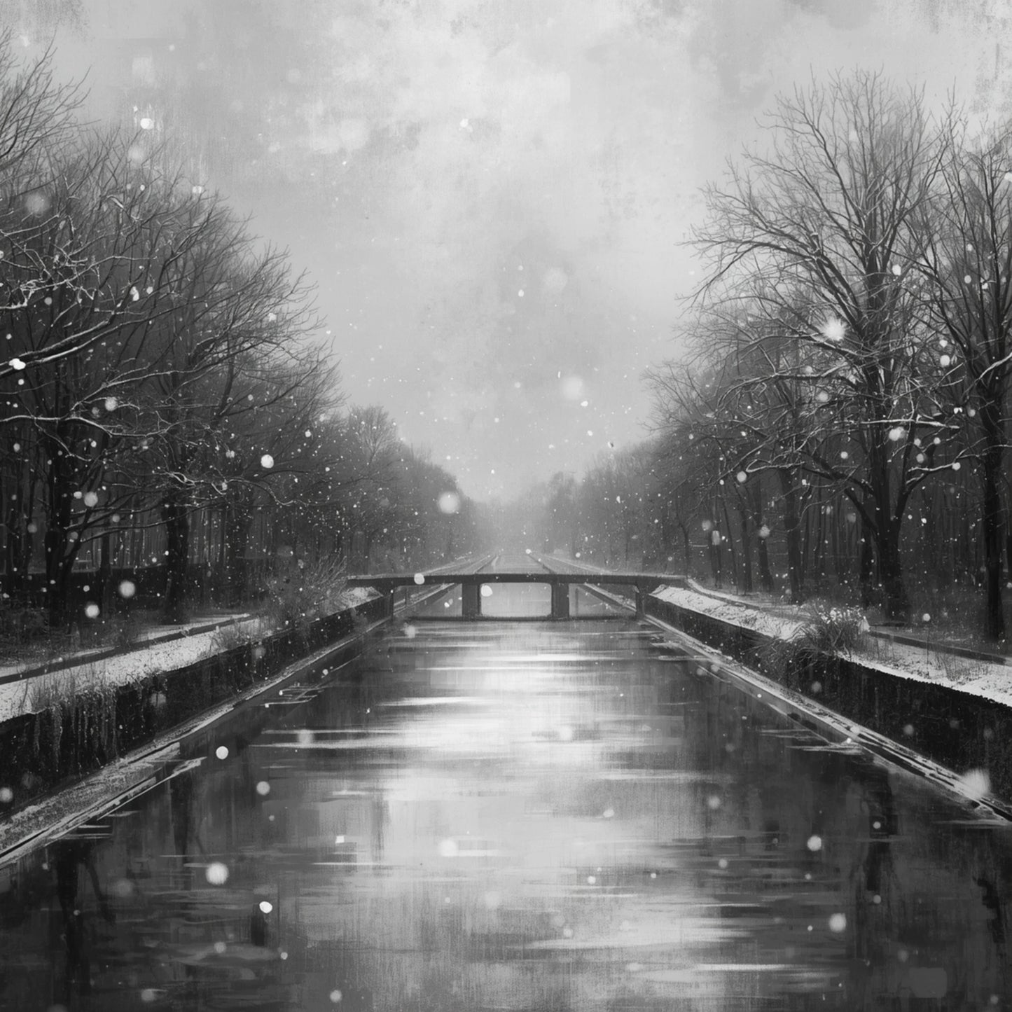 Zwart-wit schilderij van verlaten bevroren Alkmaarder kanaal in de sneeuw met kale bomen, vallende sneeuwvlokken en zacht diffuus licht – stille wintersfeer wall art print
