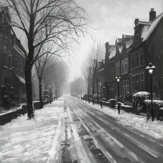 Zwart-wit schilderij van besneeuwde Alkmaarder straat in de mist met historische bakstenen gevels, kale bomen en lantaarnpalen in stille wintersfeer – wall art print
