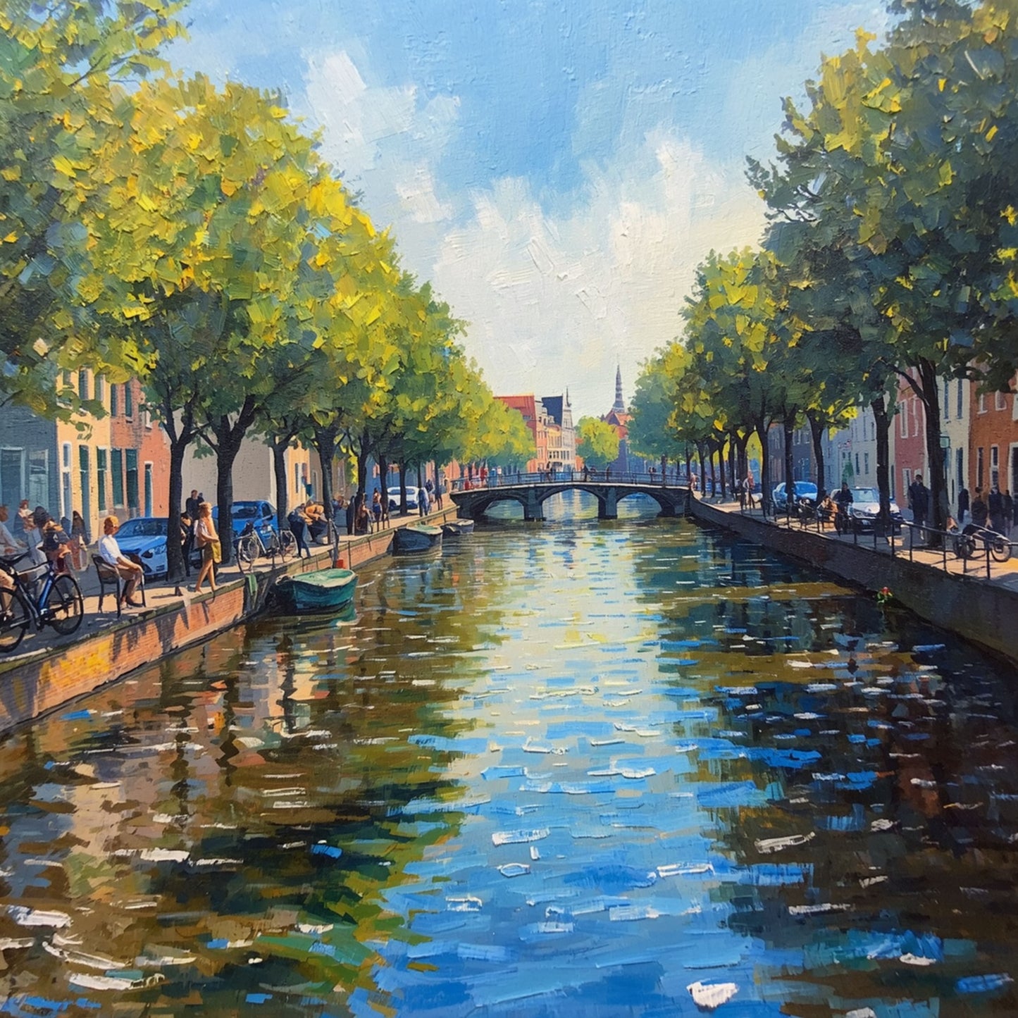 Schilderij van zonnige Alkmaarder gracht in de zomer met weelderige groene bomen, historische gevels, fietsen langs de kade en stralend blauw water – olieverf wall art print
