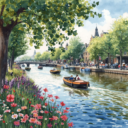 Aquarel schilderij van zonnige Alkmaarder gracht met bootjes, weelderige groene bomen, rode wilde bloemen langs de oever en historische gevels op de achtergrond – wall art print
