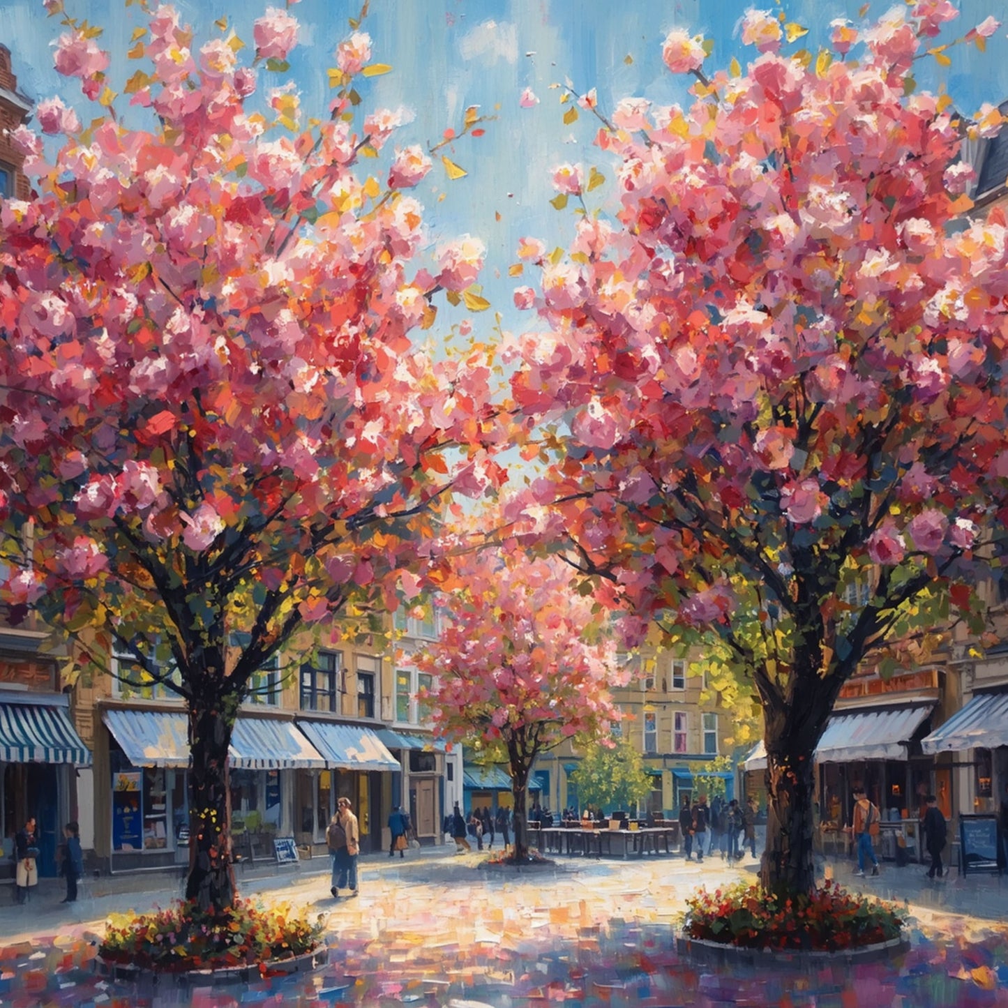 Schilderij van bruisende 's-Hertogenbosch markt met roze kersenbloesembomen in volle bloei, zachte bloemblaadjes in de lucht en zonnige sfeer – wall art print
