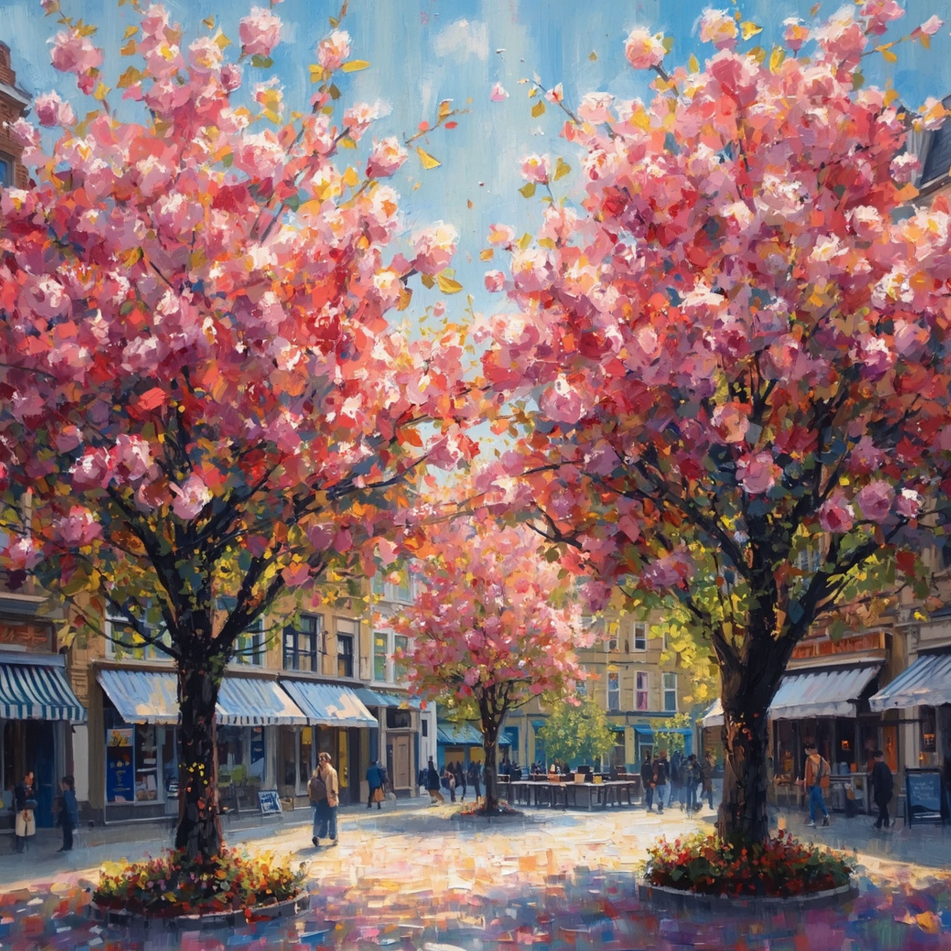 Schilderij van bruisende 's-Hertogenbosch markt met roze kersenbloesembomen in volle bloei, zachte bloemblaadjes in de lucht en zonnige sfeer – wall art print
