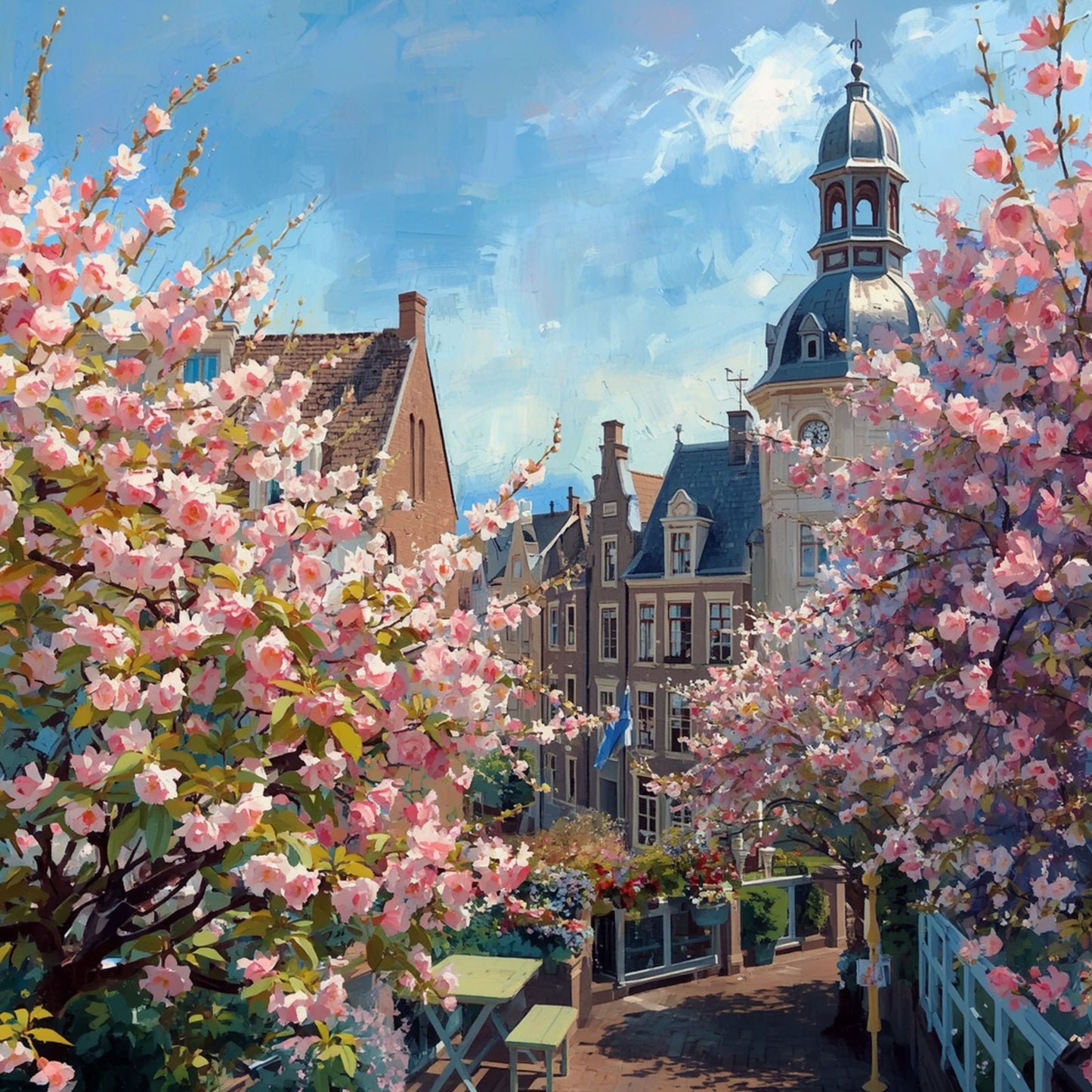 Schilderij van historische toren van 's-Hertogenbosch omhuld door roze kersenbloesems in volle lenteglorie met historische gevels en stralend blauwe lucht – wall art print
