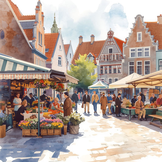 Schilderij van zomerse bloemenmarkt op het plein van 's-Hertogenbosch met kleurrijke kraampjes, verse producten, drukte en historische gevels op zonnige dag – wall art print
