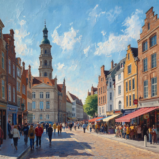 Schilderij van zomerse winkelstraat in 's-Hertogenbosch met historische gevels, torenspits op de achtergrond, kleurrijke luifels en winkelende mensen op zonnige dag – wall art print
