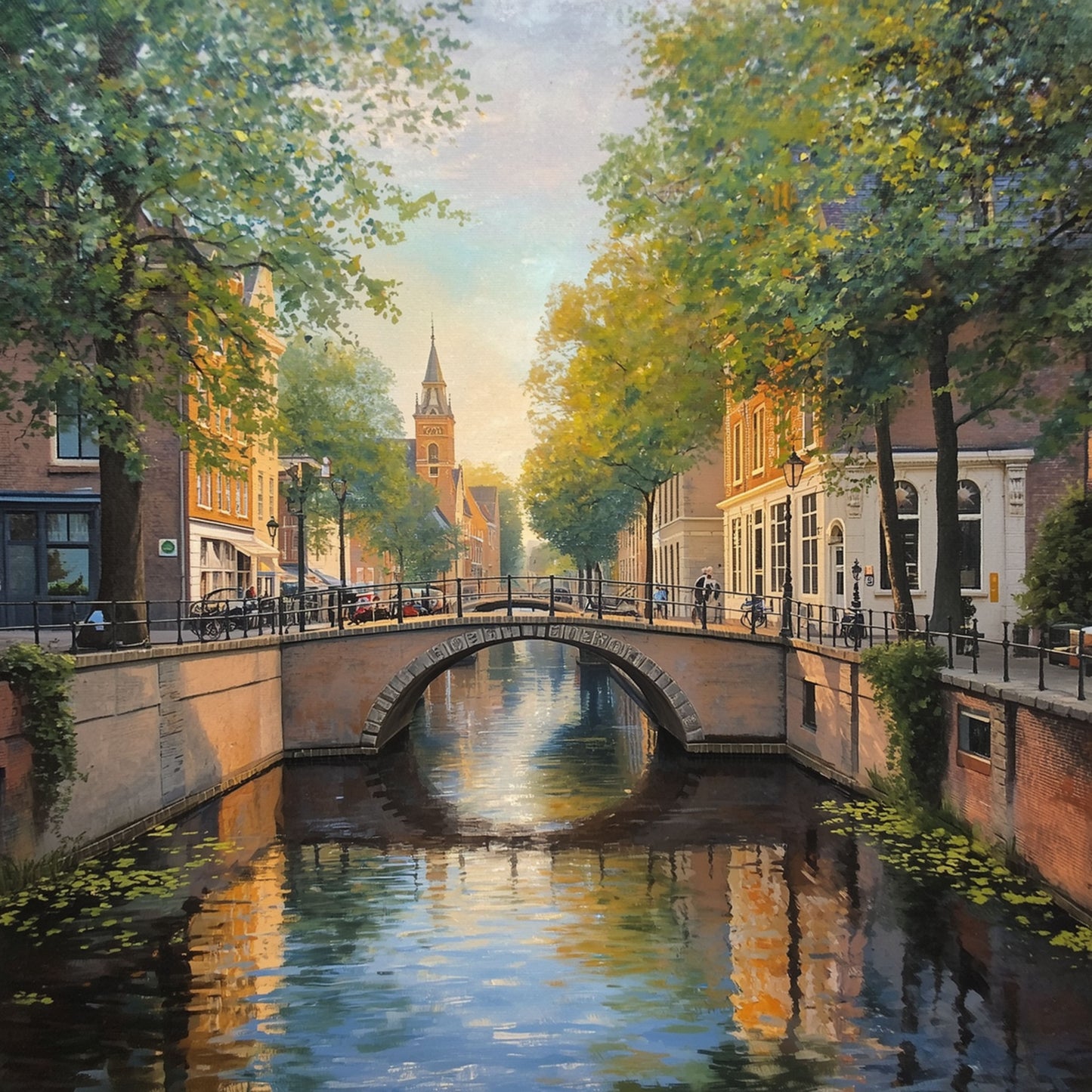 Schilderij van schilderachtige Delftse gracht bij zonsondergang met stenen boogbrug, weelderige groene bomen, historische gevels en gouden waterreflecties – wall art print
