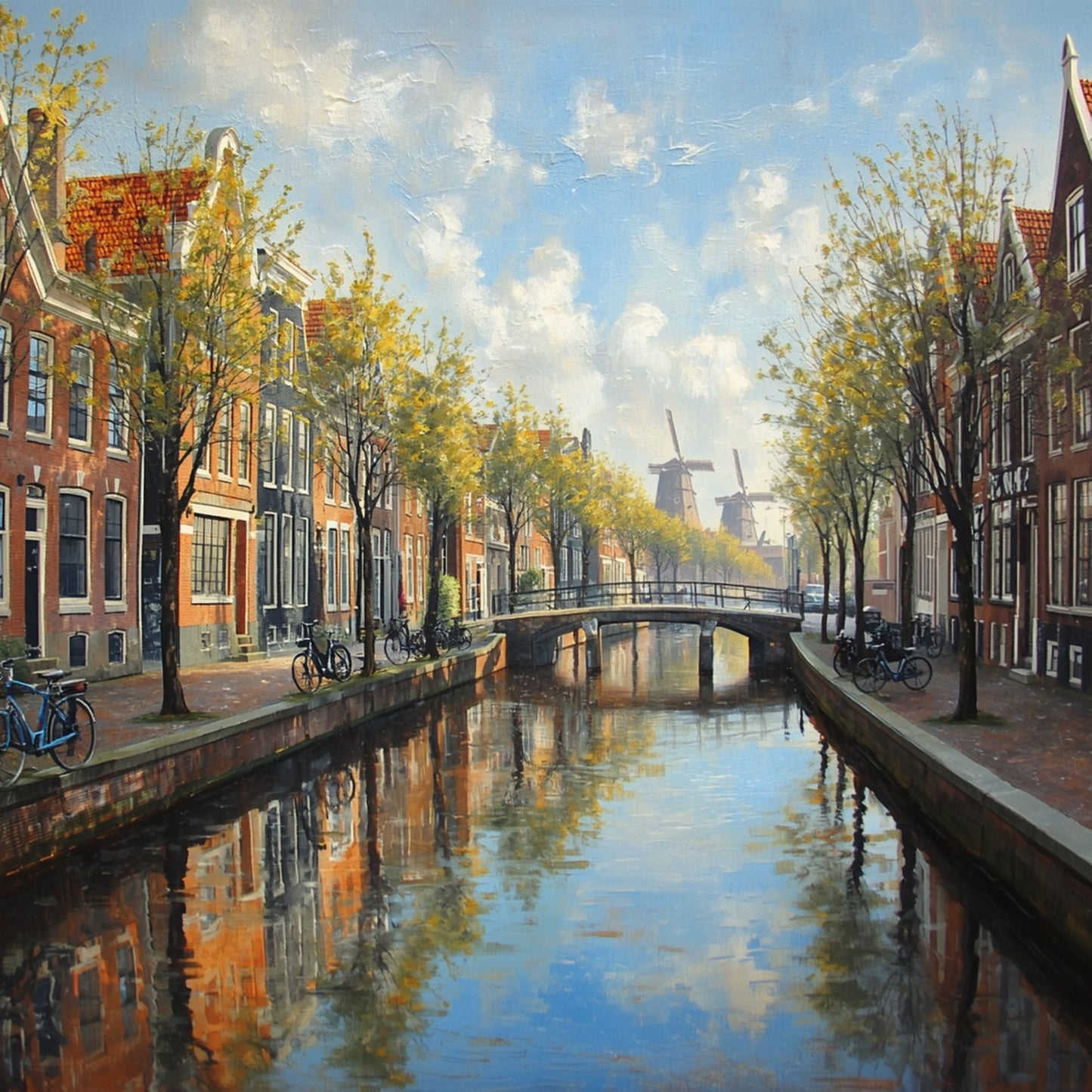 Schilderij van Alkmaarder gracht in gouden herfstlicht met weerspiegelende bomen, historische gevels, molens en fietsen langs de kade – wall art print
