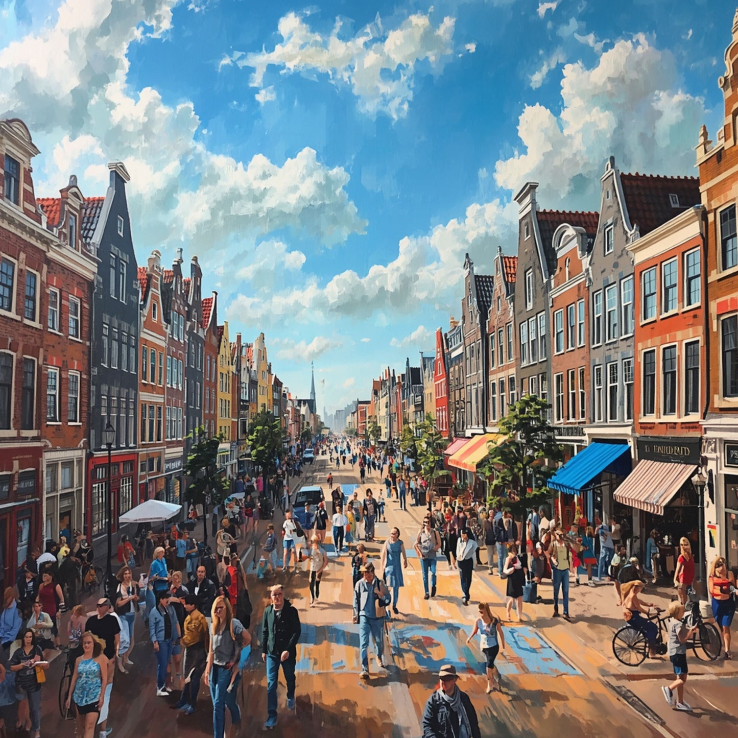 Schilderij van drukke Delftse winkelstraat met kleurrijke historische gevels, blauwe lucht met wolken, winkelende mensen en fietsen op zonnige zomerdag – wall art print
