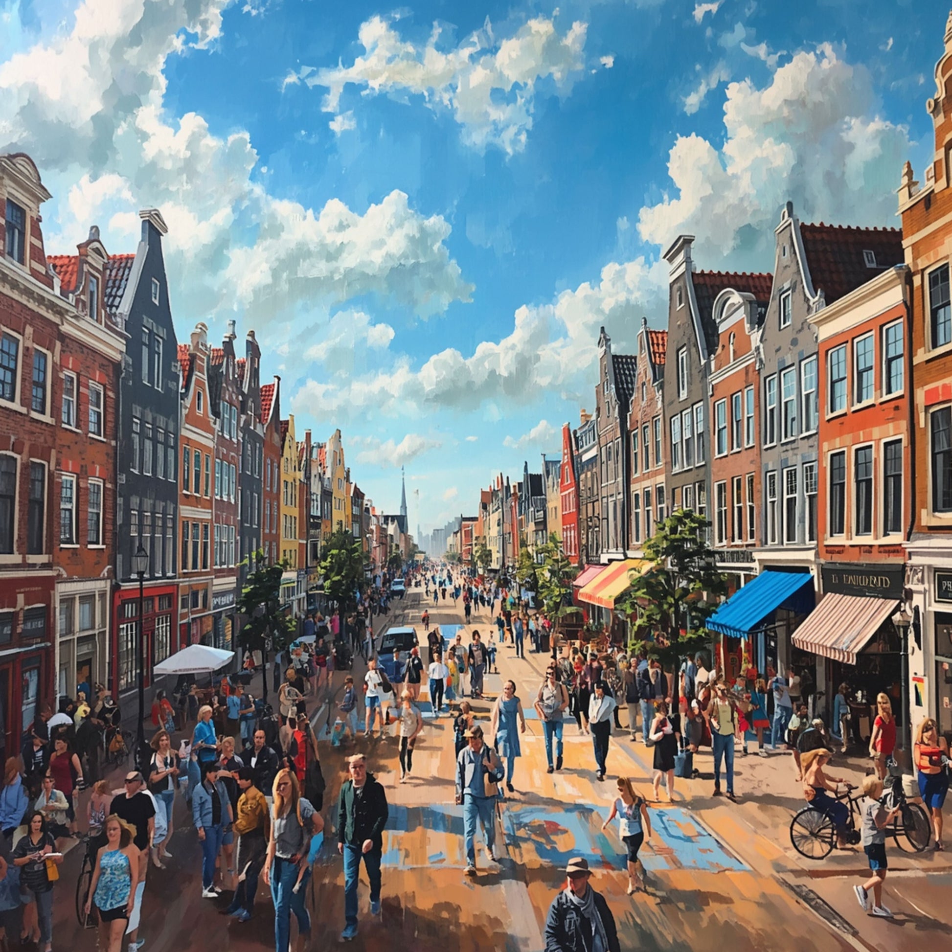 Schilderij van drukke Delftse winkelstraat met kleurrijke historische gevels, blauwe lucht met wolken, winkelende mensen en fietsen op zonnige zomerdag – wall art print
