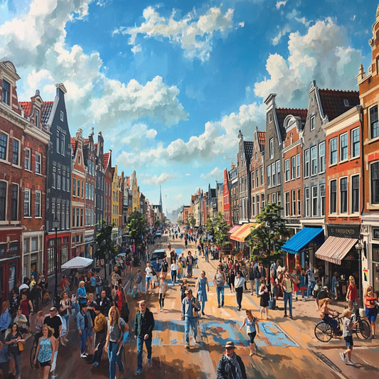Schilderij van drukke Delftse winkelstraat met kleurrijke historische gevels, blauwe lucht met wolken, winkelende mensen en fietsen op zonnige zomerdag – wall art print
