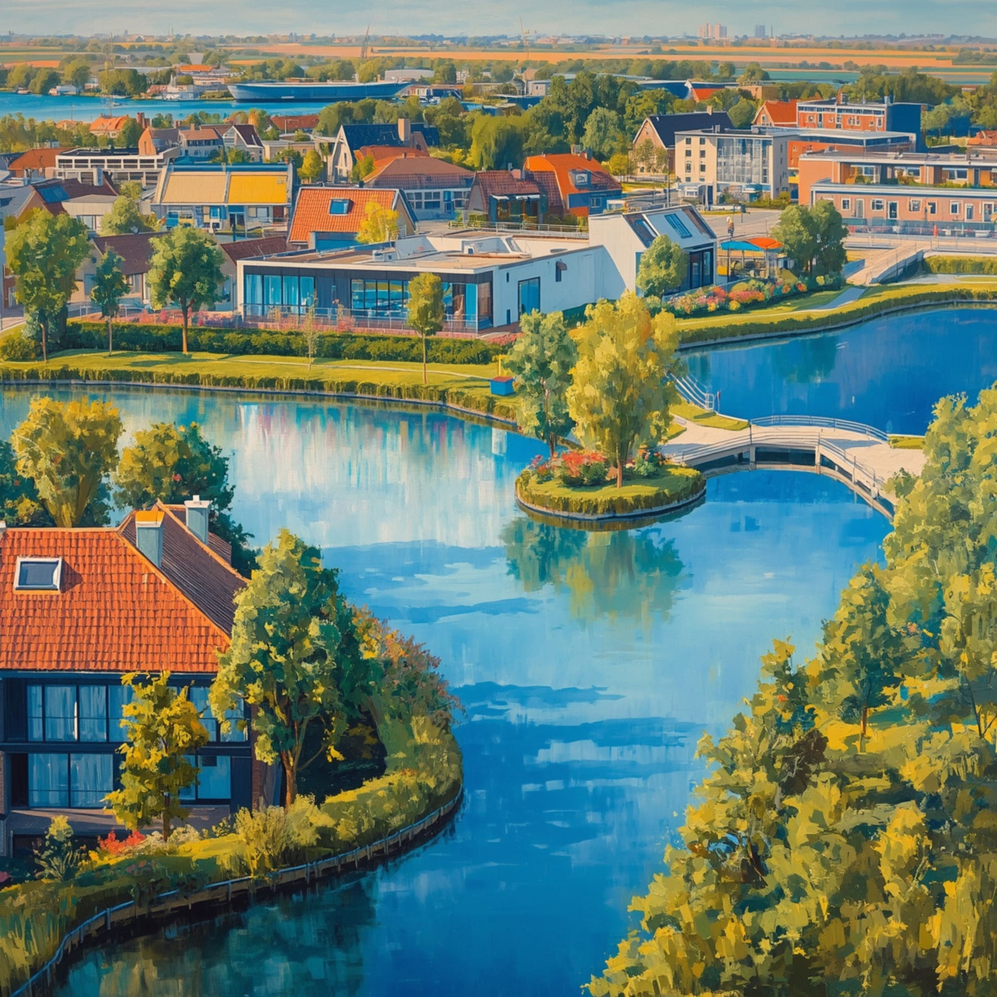Schilderij van vogelvluchtperspectief over Delftse waterrijke stadswijk met blauwe rivieren, groene eilanden, rode pannendaken en moderne gebouwen – wall art print
