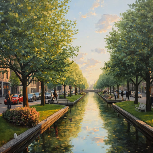 Schilderij van symmetrische Delftse laan met hoge groene bomen die een rustig kanaal omlijsten, zachte zonsondergangsreflecties in het water en fietsers langs de kade – wall art print
