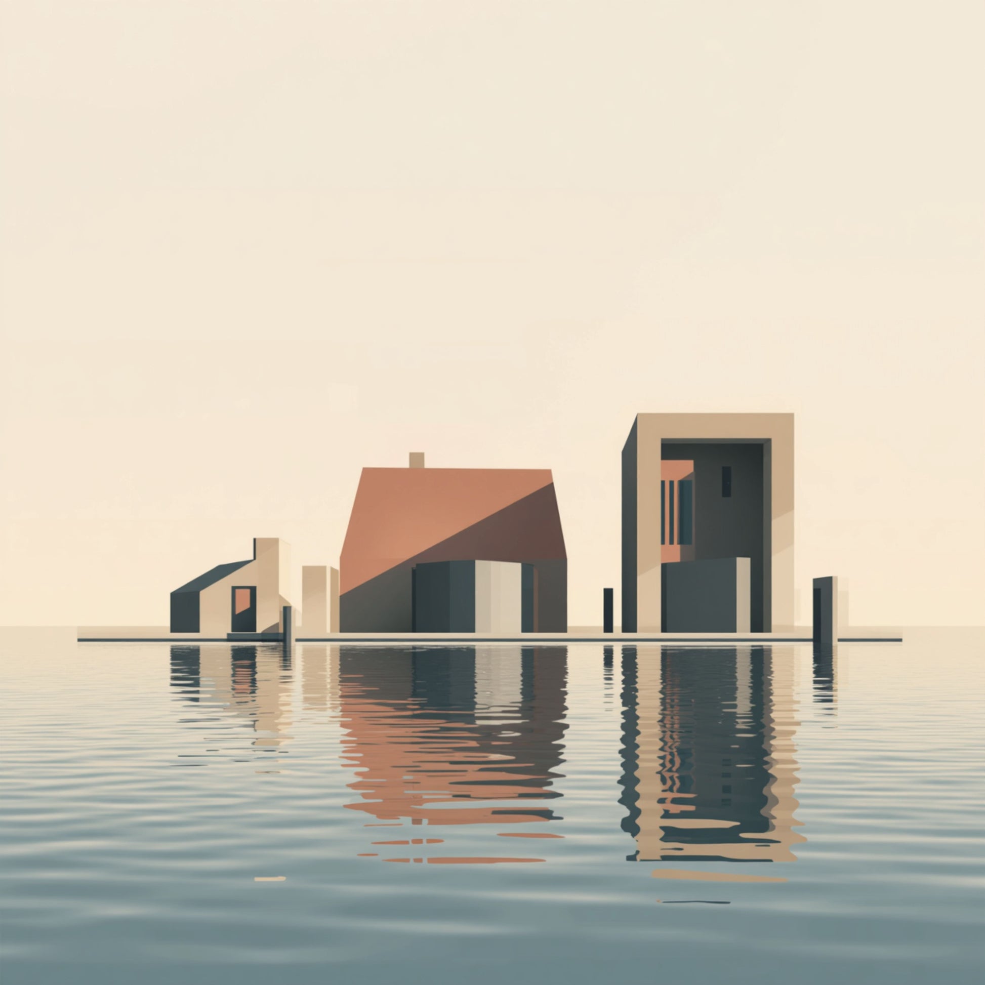 Abstract schilderij van minimalistische geometrische gebouwen gedeeltelijk ondergedompeld in stil water met zachte beige en terracotta tinten en spiegelreflecties – wall art print

