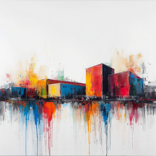 Abstract schilderij van kleurrijke geometrische stadsgebouwen in rood, oranje, blauw en geel met druipende verfstrepen en levendige waterreflecties op witte achtergrond – wall art print
