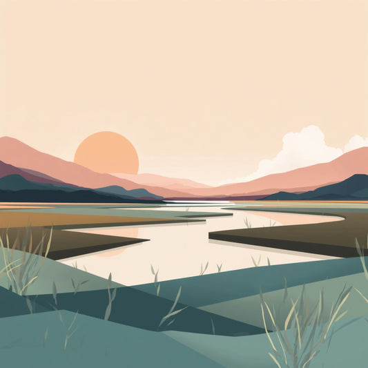 Minimalistisch schilderij van rustig moeraslandschap bij zonsondergang met zachte roze en teal tinten, geometrische bergen op de achtergrond en rietstengels op de voorgrond – wall art print
