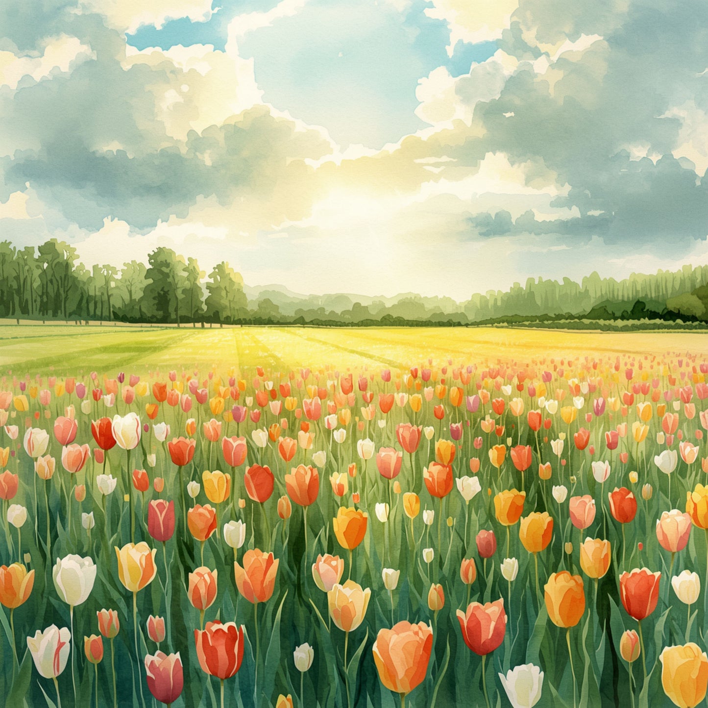 Schilderij van uitbundig Nederlands tulpenveld in rood, oranje, geel en wit onder dramatische bewolkte lucht met stralend zonlicht – bloemen wall art print
