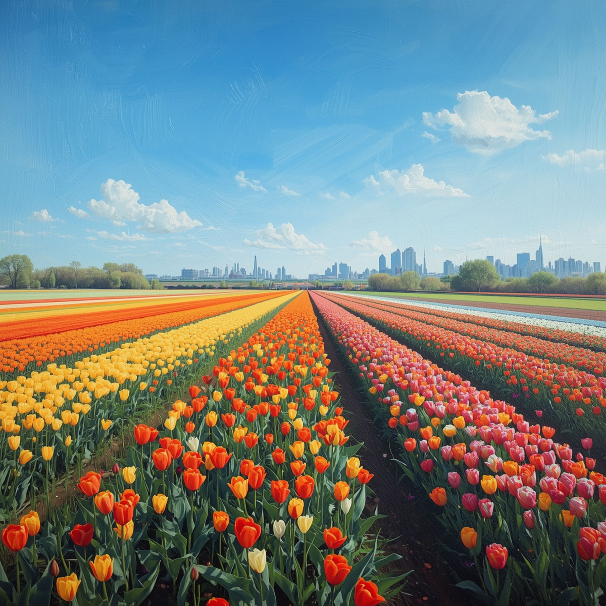 Schilderij van weids Nederlands tulpenveld met rijen in rood, oranje, roze en geel onder stralend blauwe lucht met stadsskyline op de achtergrond – bloemen wall art print
