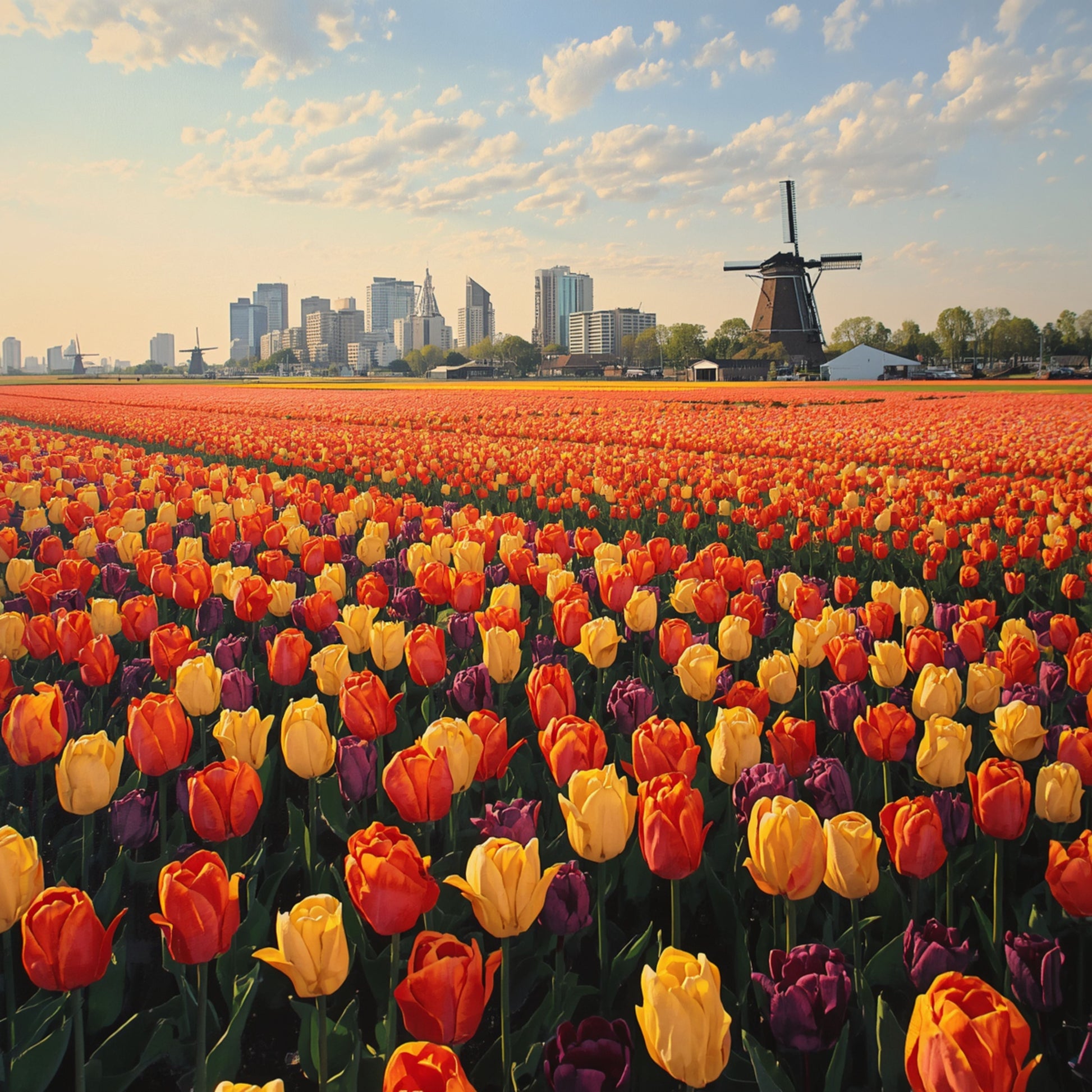Schilderij van weids Nederlands tulpenveld in oranje, geel en paars met historische windmolen en stadsskyline op de achtergrond onder bewolkte lucht – bloemen wall art print
