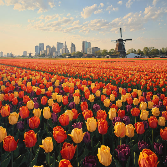 Schilderij van weids Nederlands tulpenveld in oranje, geel en paars met historische windmolen en stadsskyline op de achtergrond onder bewolkte lucht – bloemen wall art print
