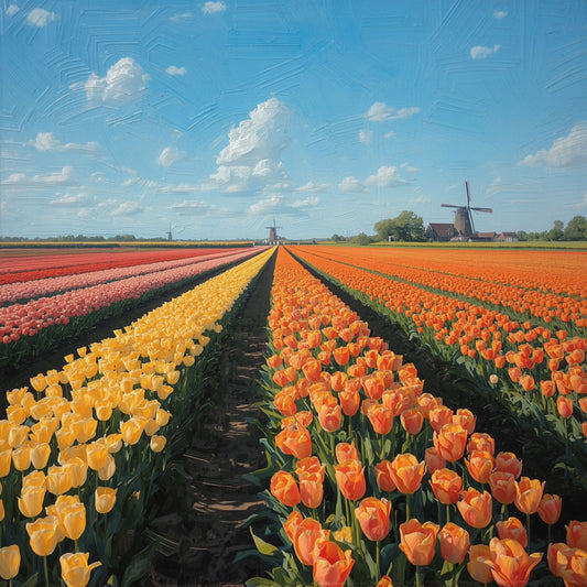 Schilderij van weids oranje tulpenveld met rijen in perspectief, historische windmolen op de achtergrond en stralend blauwe lucht met witte wolken – bloemen wall art print
