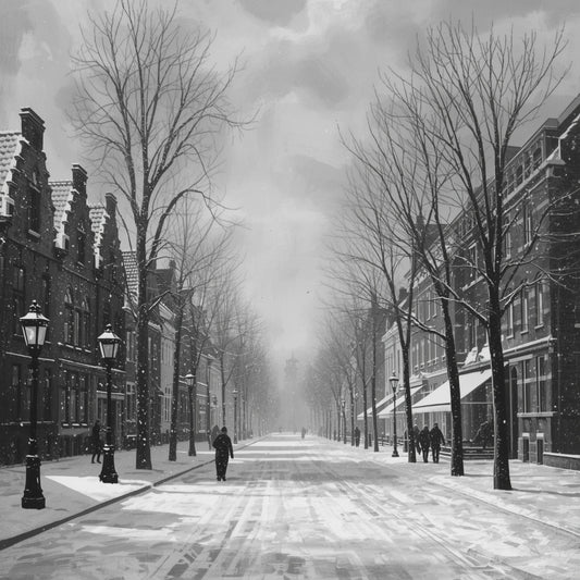 Zwart-wit schilderij van verlaten Alkmaarder straat in de sneeuw met kale bomen, lantaarnpalen en dwarrelende sneeuwvlokken – stille wintersfeer wall art print
