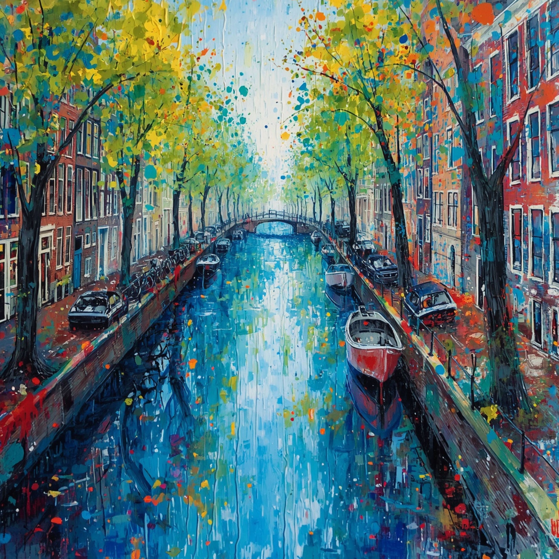 Impressionistisch schilderij van Amsterdamse gracht in de herfst met kleurrijke bomen in geel, oranje en groen, rode sloep op blauw water en historische grachtenpanden – wall art print
