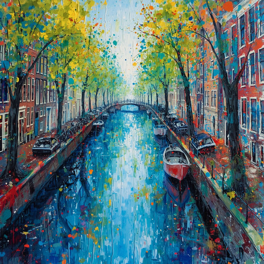 Impressionistisch schilderij van Amsterdamse gracht in de herfst met kleurrijke bomen in geel, oranje en groen, rode sloep op blauw water en historische grachtenpanden – wall art print
