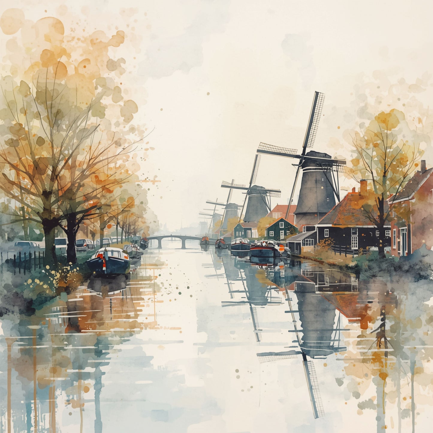 Aquarel schilderij van Nederlandse windmolens langs mistige rivier in de herfst met kale bomen, zachte gouden tinten en stille waterreflecties – natuur wall art print
