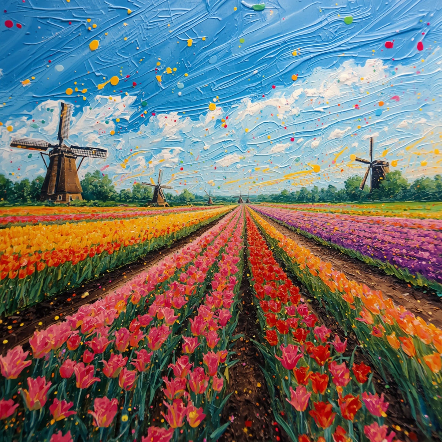 Expressionistisch schilderij van kleurrijk Nederlands tulpenveld met windmolens, levendige verfspetters in blauw en geel en dramatische bewolkte lucht – bloemen wall art print
