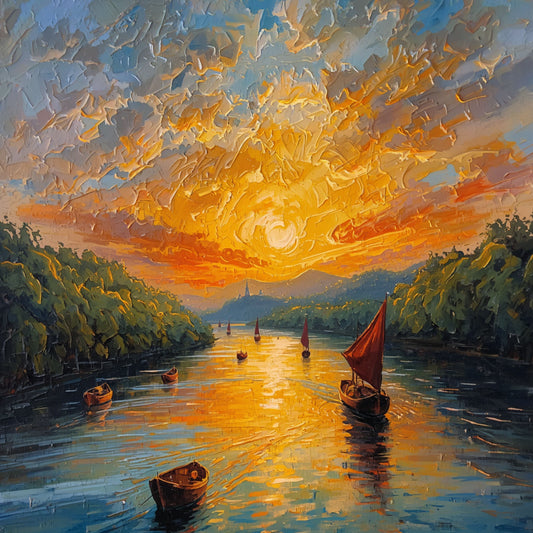 Schilderij van dramatische zonsondergang boven rustige rivier met rode zeilboot, gouden waterreflecties en vurige oranje lucht met wolken – natuur wall art print

