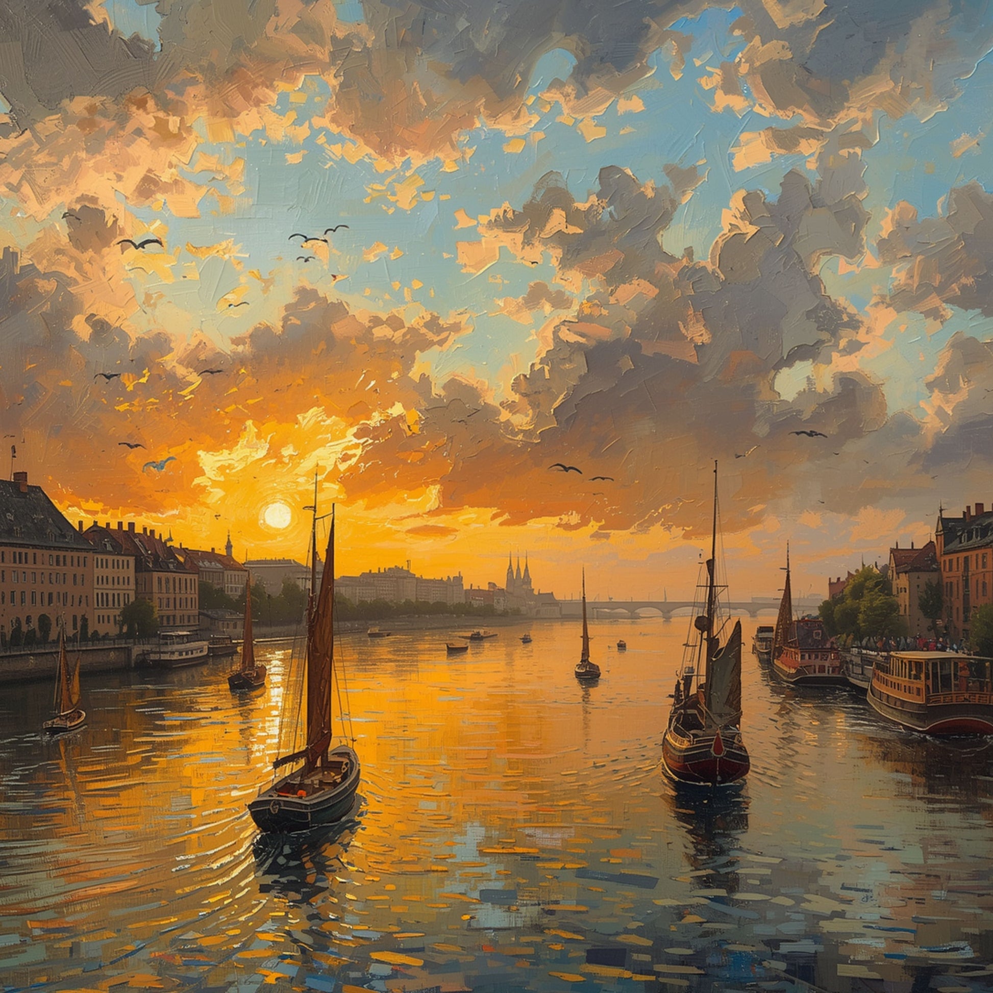 Schilderij van historische haven bij zonsondergang met zeilschepen, gouden waterreflecties, dramatische wolkenlucht en kathedraalsilhouet op de achtergrond – maritiem wall art print

